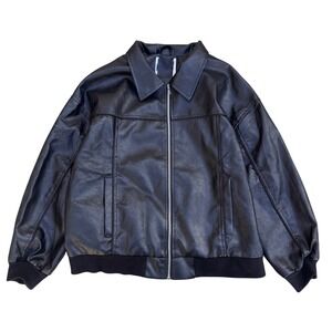 Vintage Black Faux Leather Bomber Jacket Full Zip Ribbed Trim Mens Large